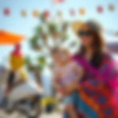 Vibrant Outdoor Style for Moms and Kids A stylish outdoor scene featuring mother and child in vibrant attire