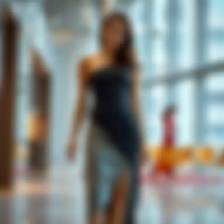 Model showcasing an asymmetrical dress in a modern setting