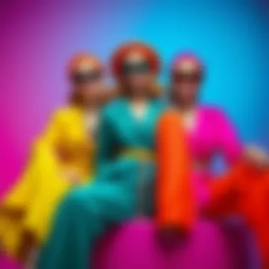 Colorful asymmetrical outfits arranged in a stylish layout