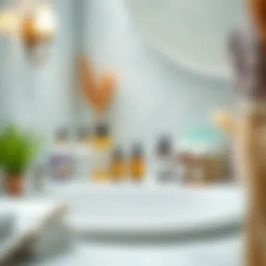 A serene bathroom setting with hair care products and natural oils