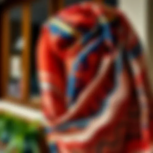 A beautifully draped scarf showcasing intricate patterns and vibrant colors.