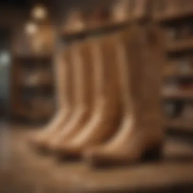 Different styles of beige cowboy boots displayed in a boutique setting.