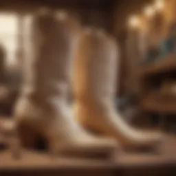 A stylish pair of beige cowboy boots showcased with elegant attire.