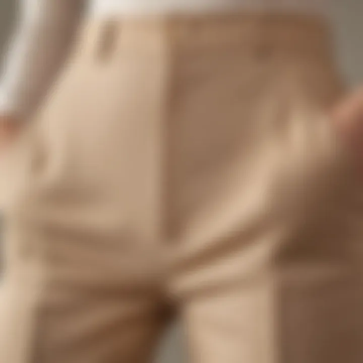 Close-up of the fabric texture of beige high-waisted pants