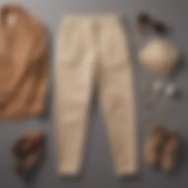 A flat lay of beige high-waisted pants styled with complementary clothing items