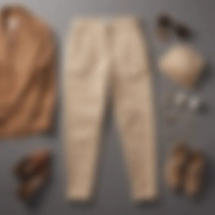 A flat lay of beige high-waisted pants styled with complementary clothing items