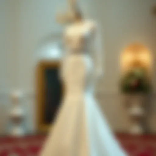 A stunning high-neck wedding dress displayed elegantly