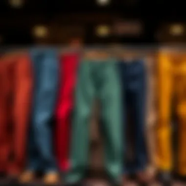 A variety of pipe leg trousers in different colors displayed