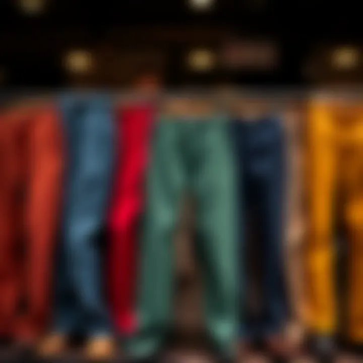 A variety of pipe leg trousers in different colors displayed