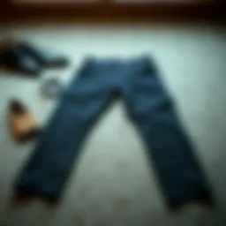 Stylish pair of pipe leg trousers laid flat with accessories