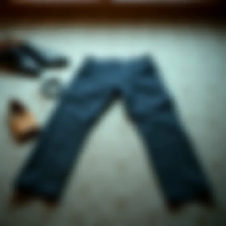 Stylish pair of pipe leg trousers laid flat with accessories