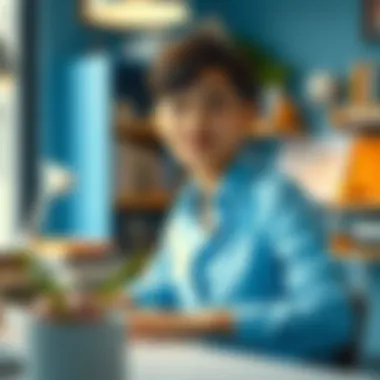 A styled workspace with a sky blue shirt as a statement piece