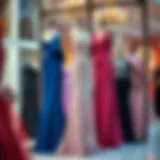 Elegant evening gown display in a boutique