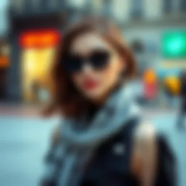 Chic Ensemble with Silver Scarf Chic ensemble featuring a silver scarf paired with trendy accessories