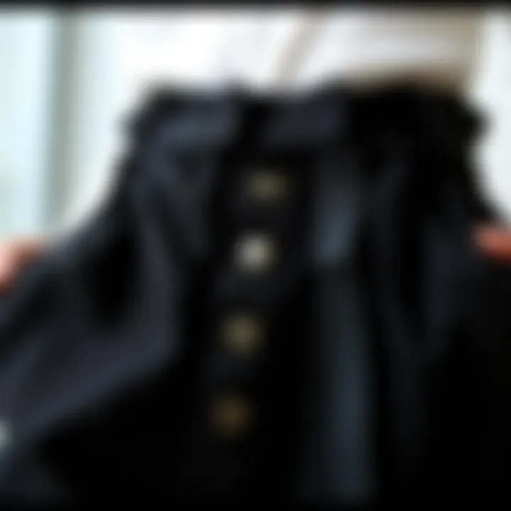 Detailed Fabric and Design Analysis Close-up of fabric and design details of high-waisted black trousers