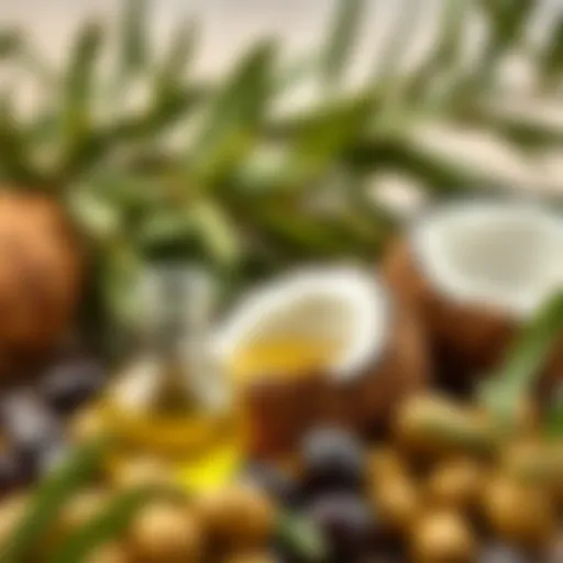 Coconut oil and olive oil surrounded by fresh coconuts and olives