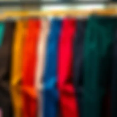 Different color variations of slim fit trousers displayed