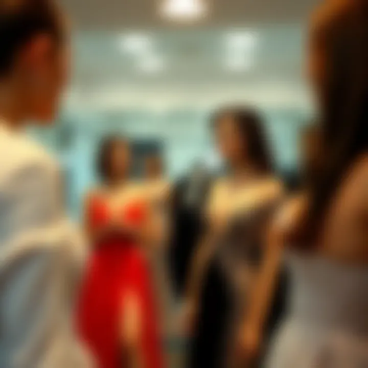 A fitting room scene capturing the excitement of trying on evening wear