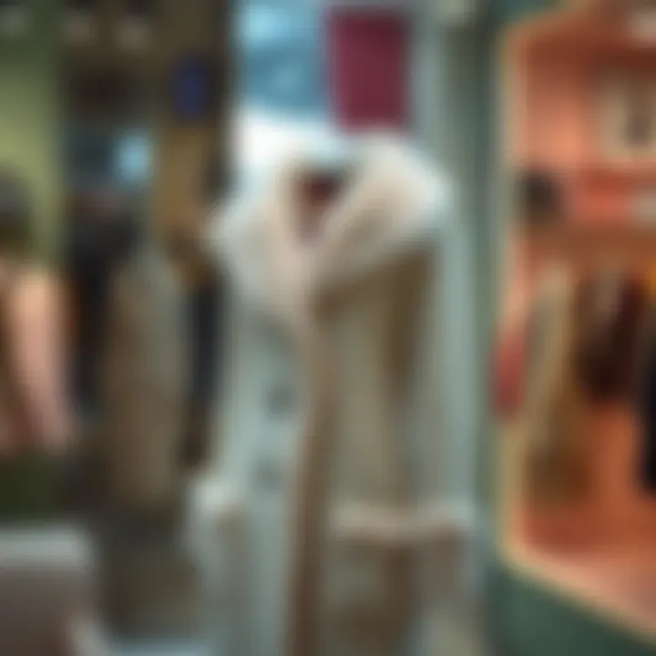 Fur-Lined Modest Coat Display Elegant fur-lined modest coat on a mannequin in a chic boutique