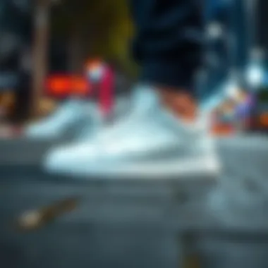 Men's white sports shoes in an urban setting