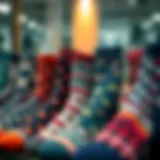 Elegant display of fashionable socks showcasing various patterns and textures