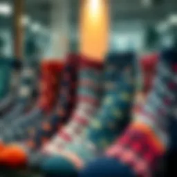Elegant display of fashionable socks showcasing various patterns and textures