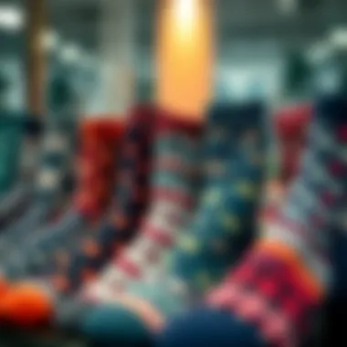 Elegant display of fashionable socks showcasing various patterns and textures