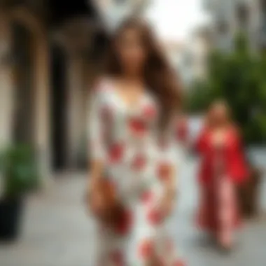 Elegant floral dress paired with chic accessories