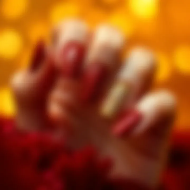 Glamorous Glittery Red and Gold Nails Glittery red and gold nail polish for a glamorous look