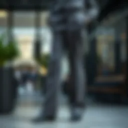 A stylish pair of grey velvet pants displayed elegantly