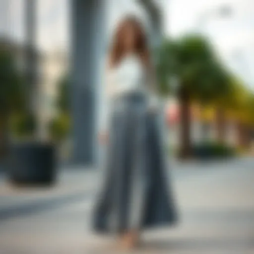 Chic Urban Fashion with Gray Long Skirt Elegant gray long skirt styled with a modern blouse in a chic urban setting.