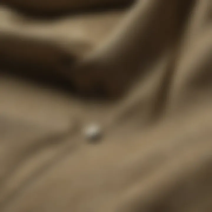 Close-up of the fabric texture of a khaki linen shirt.