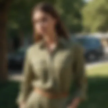 A model showcasing a khaki linen shirt in an outdoor setting.