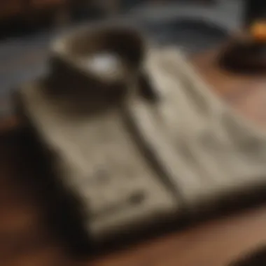 A stylish khaki linen shirt displayed on a wooden table.