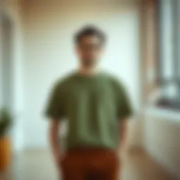 Stylish olive t-shirt showcased in a minimalist setting