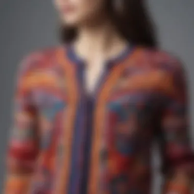 Close-up of intricate patterns on a multi-colored cardigan