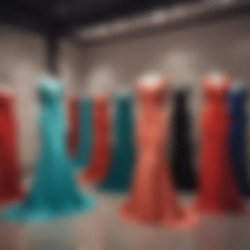 Elegant evening dresses displayed in a boutique