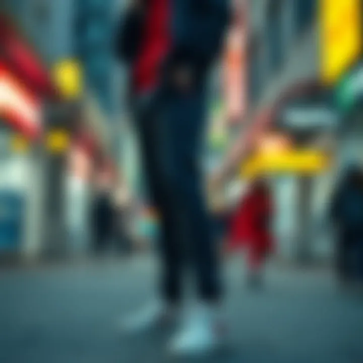 Stylish joggers on a model in an urban setting