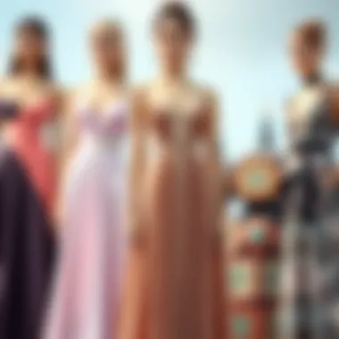 Diverse Cuts and Styles of Dresses An elegant arrangement of different dress styles, highlighting diverse cuts and designs.