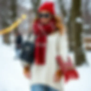 A stylish winter tunic paired with fashionable accessories on a snowy background