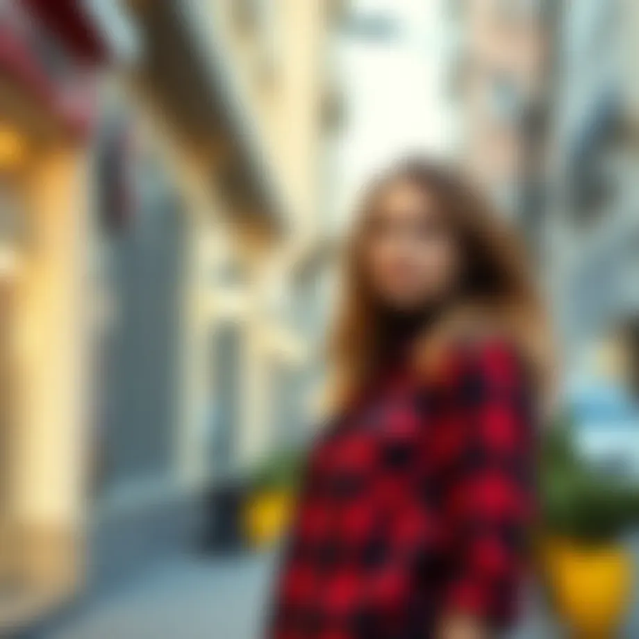A stylish woman wearing a plaid flannel shirt in an urban setting