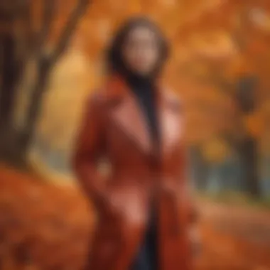 Model wearing a Kiğılı coat against a backdrop of autumn leaves