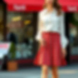 A stylish red checkered skirt paired with a chic white blouse