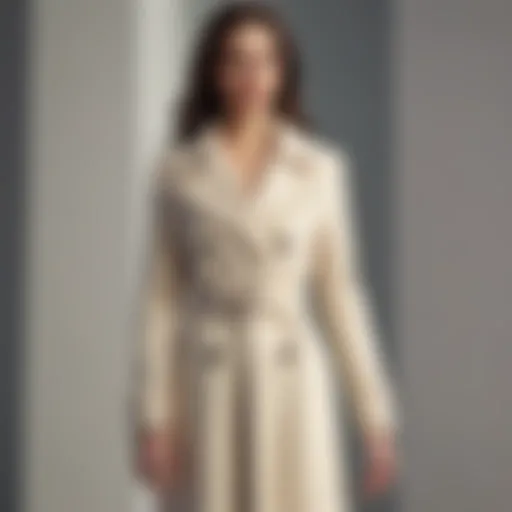 Elegant cream long coat displayed on a mannequin against a minimalist backdrop