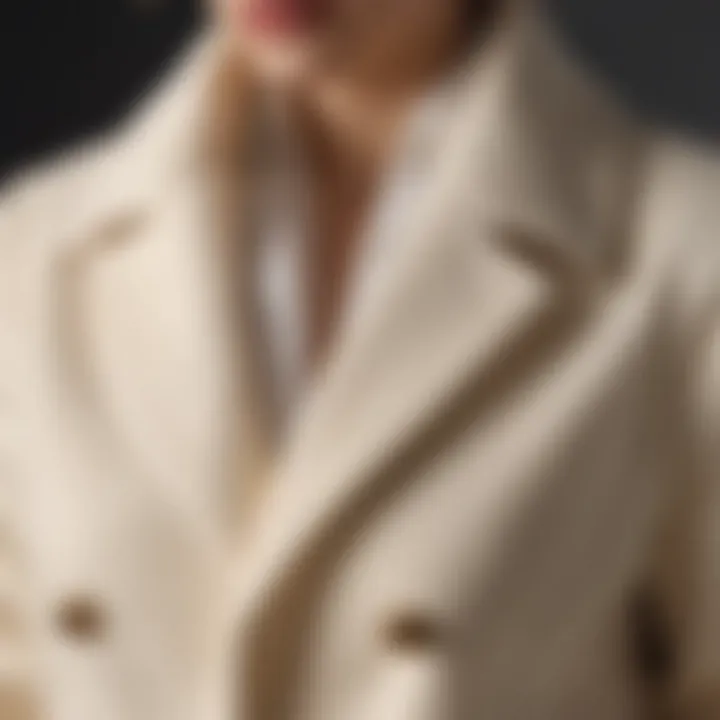 Close-up of fabric texture of a cream long coat highlighting quality