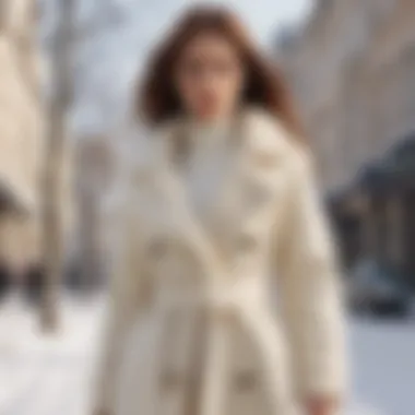 Winter street fashion featuring a cream long coat in a snowy setting