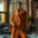 Elegant double-breasted coat draped over a stylish backdrop