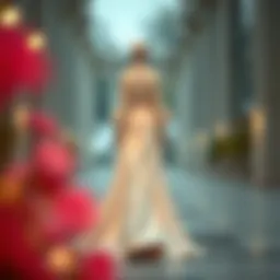 Elegant long gown with a train showcasing modern modest fashion