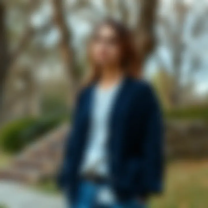 Navy Cardigan in a Casual Outdoor Setting Casual look with a navy cardigan in a park setting