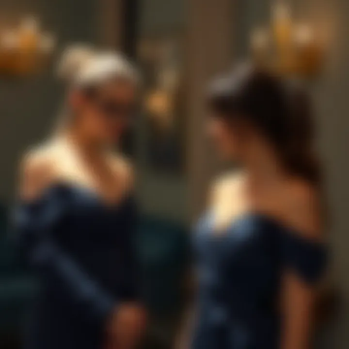 Analyzing the Design Aspects of Navy Satin Evening Gown A fashion expert analyzing the design of a navy satin gown